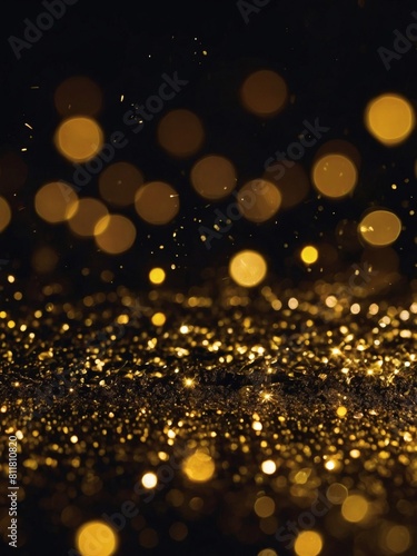 Golden sparkles shimmer against the darkness, creating an abstract and magical black-gold background.