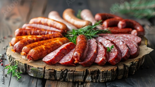 Assorted sausages, cut into slices and arranged on a rustic wooden board, highlighting their variety and flavor for deli product showcases