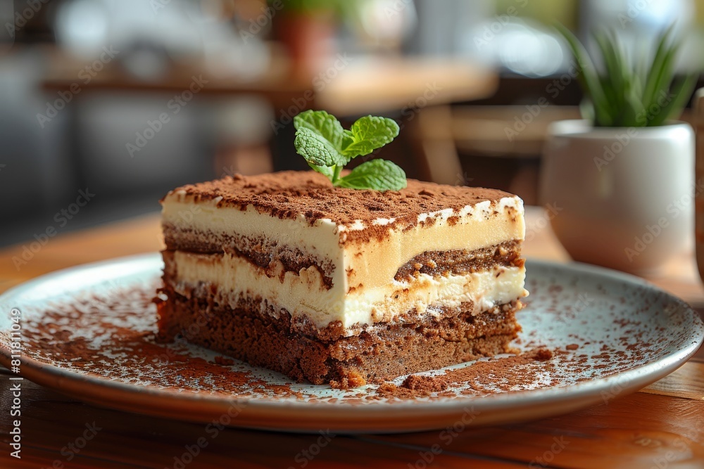 Slice of tempting tiramisu with a fresh mint leaf on top, served on a patterned plate in a café ambiance Slice of tempting tiramisu with a fresh mint leaf on top, served on a patterned plate in a café ambiance