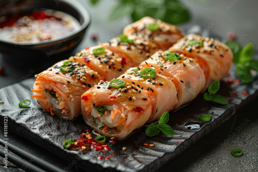 Appetizing sushi rolls garnished with sesame and herbs on a black slate, showcasing gourmet Asian cuisine Appetizing sushi rolls garnished with sesame and herbs on a black slate, showcasing gourmet Asian cuisine
