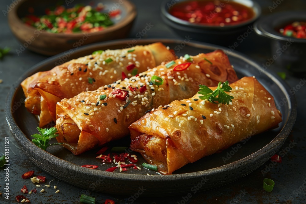 Freshly cooked spring rolls sprinkled with sesame seeds and herbs, placed on a dark plate against a textured backdrop Freshly cooked spring rolls sprinkled with sesame seeds and herbs, placed on a dark plate against a textured backdrop