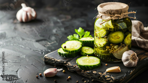 Wooden board with jar of tasty pickled cucumbers 