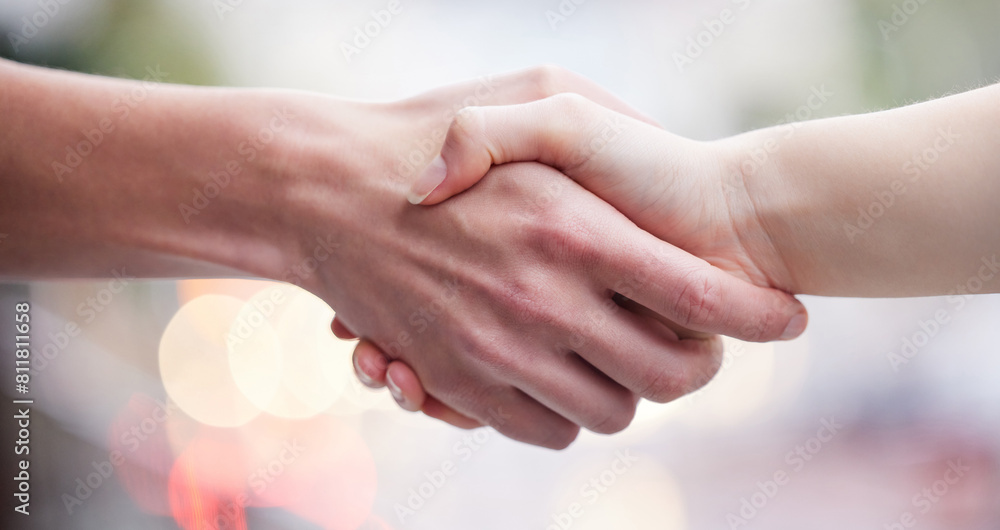People, deal and handshake with closeup in outdoor for service, networking or thank you with sale. Business, agreement and zoom with palms together for trust or support, partnership or contract People, deal and handshake with closeup in outdoor for service, networking or thank you with sale. Business, agreement and zoom with palms together for trust or support, partnership or contract