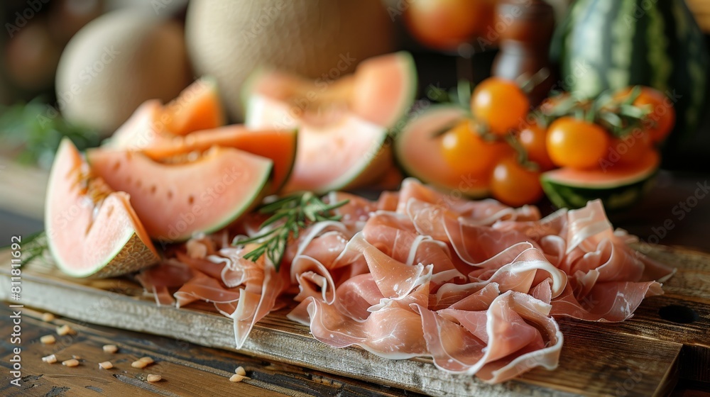 Gourmet display of prosciutto slices, draped over a wooden board with melon slices, highlighting their delicate and savory appeal for deli promotions
