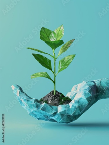 Abstract giving hand with young plant in soil Low poly style design Blue geometric background Wireframe light connection structure Modern 3d graphic concept Isolated vector illustr