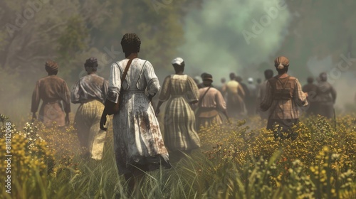 Innovative 3D visualization of Harriet Tubman leading others to freedom, highlighting her bravery and determination. --ar 16:9 Job ID: 5eb01437-826a-44d8-a3ed-f44206d624f5