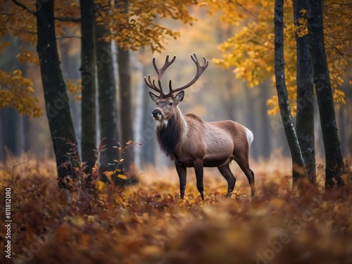 Graceful reindeer in enchanting autumn landscape, leaves accentuating its confidence.