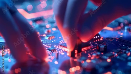 Precision, skill involved installation of microprocessor on electronic circuit board. Blue, red lights emphasize intricate technology, hands-on expertise required in modern electronics manufacturing photo