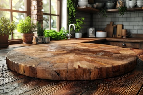 Close-up of a large round wooden chopping board on a rustic wood kitchen counter with a blurred background