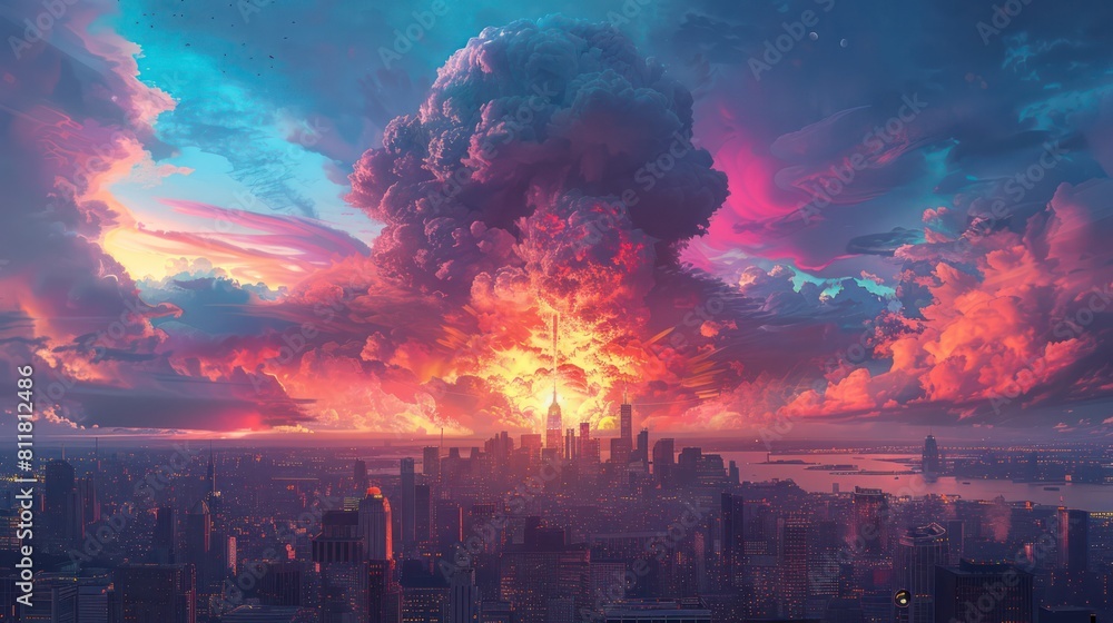 Obraz premium Nuclear falls in the city The apocalyptic mushroom clouds turned into rainbow colors.