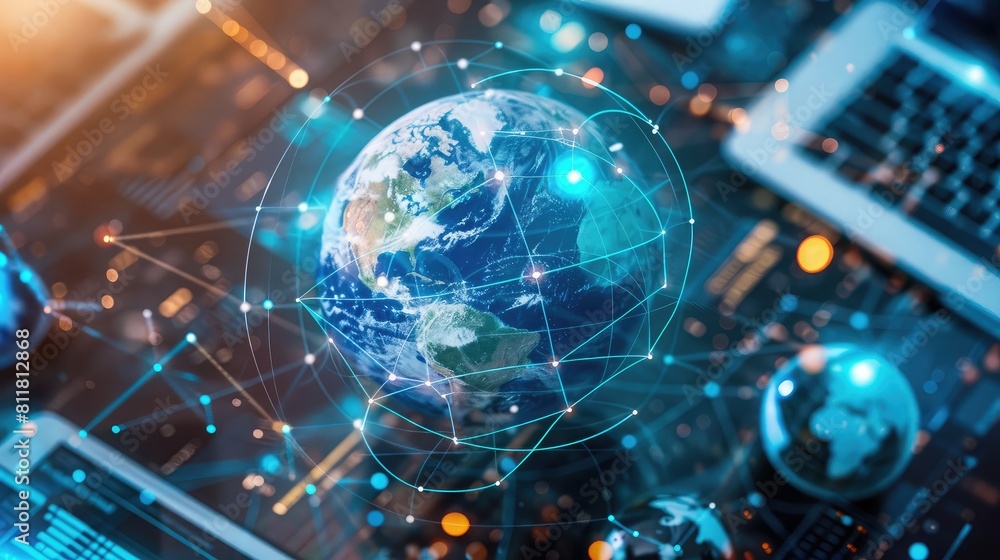Obraz premium Online Network: Globe surrounded by digital devices symbolizing internet connectivity.