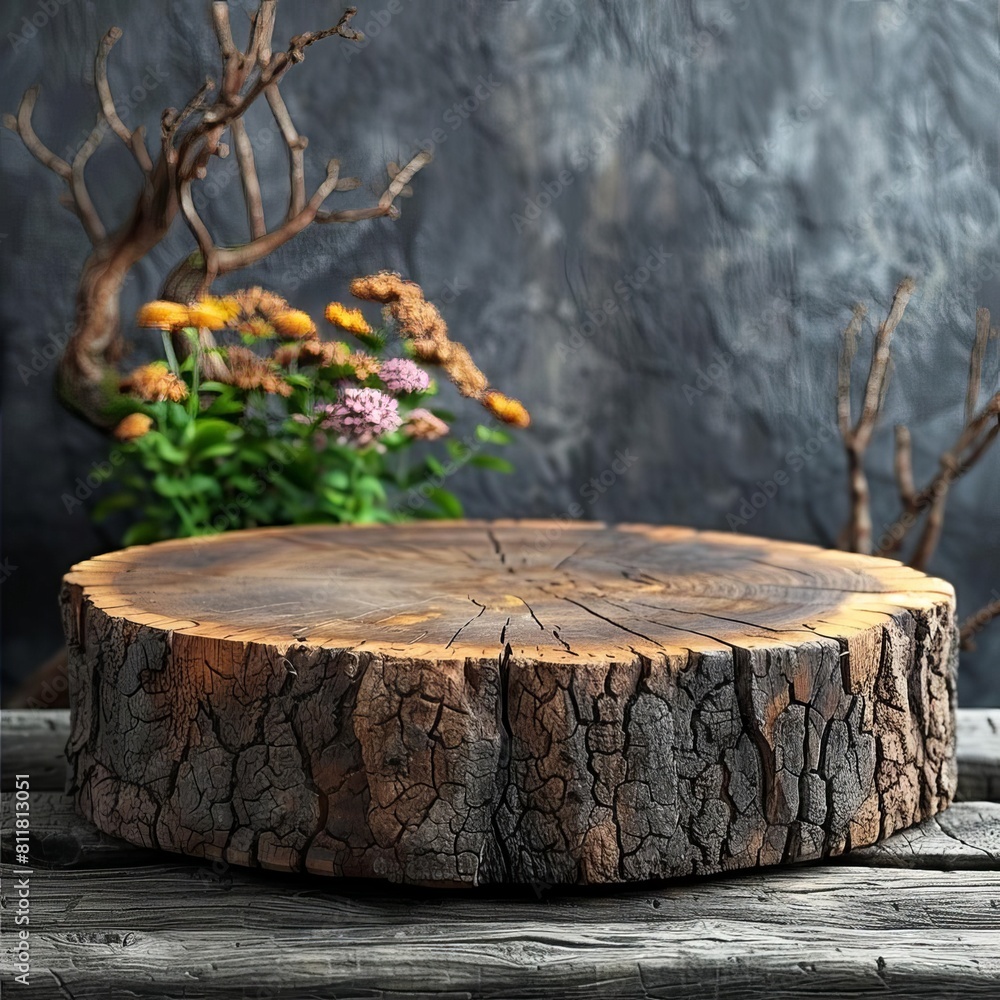Rustic wooden blank mockup podium, textured with natural wood grain, perfect for displaying organic products or handcrafted goods in an earthy environment Rustic wooden blank mockup podium, textured with natural wood grain, perfect for displaying organic products or handcrafted goods in an earthy environment