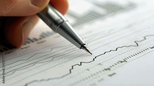 Performance Analysis: Close-up of a hand with pen on a growth graph.