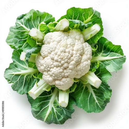 White cauliflower with green leaves isolated on white background. photo