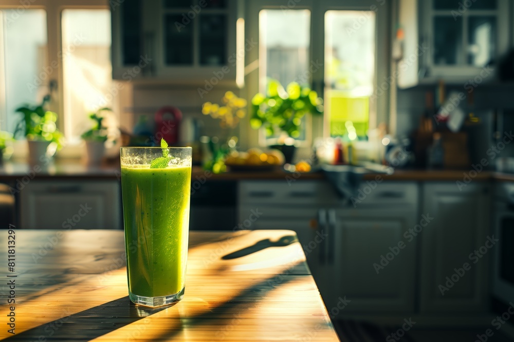 A glass of green juice sits on a wooden table in a kitchen A glass of green juice sits on a wooden table in a kitchen