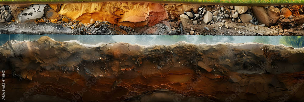 Section of soil with underground water, layers of earth and rocks ...