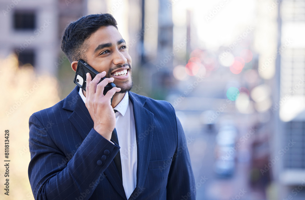 Businessman, walking and city with happiness and phone call for good news with feedback for work. Male person, entrepreneur and smartphone for communication in Dubai and business conversation. Businessman, walking and city with happiness and phone call for good news with feedback for work. Male person, entrepreneur and smartphone for communication in Dubai and business conversation.