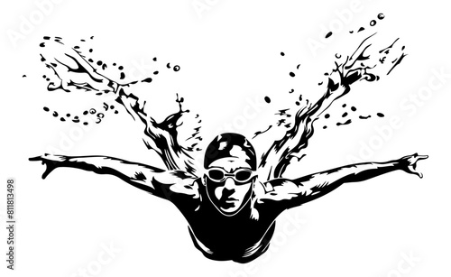 Dynamic black and white illustration of a swimmer diving gracefully into water, creating a splash.