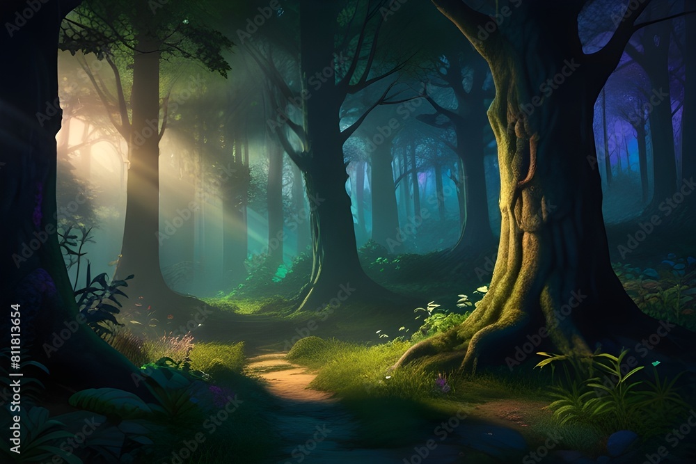 Anime fantasy magical forest background backdrop vibrant. Generative AI 