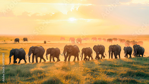 A serene herd of elephants walking across the African savannah during a stunning golden sunset. © apratim
