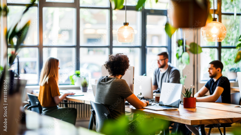A modern coworking space with professionals working on laptops, collaborating in a well-lit, plant-filled office environment. A modern coworking space with professionals working on laptops, collaborating in a well-lit, plant-filled office environment.