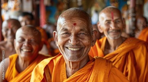 Sangha Community: Smiling faces of monks in saffron robes.