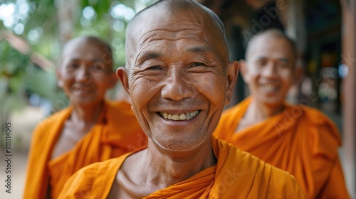 Sangha Community: Smiling faces of monks in saffron robes.