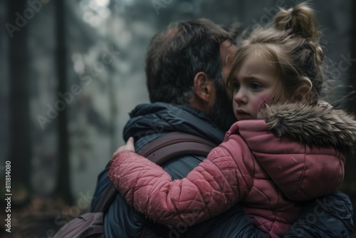 A man and a little girl are hugging in the woods