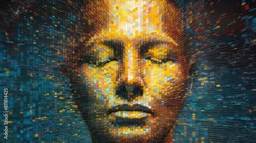 Digital portrait of a man made with cityscape pixel mosaic. Close up of human face made up colorful pixel with abstract art pattern. Concept art for music album cover and technology theme. AIG35.