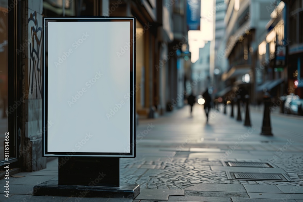 A large white sign is standing on a sidewalk in a city