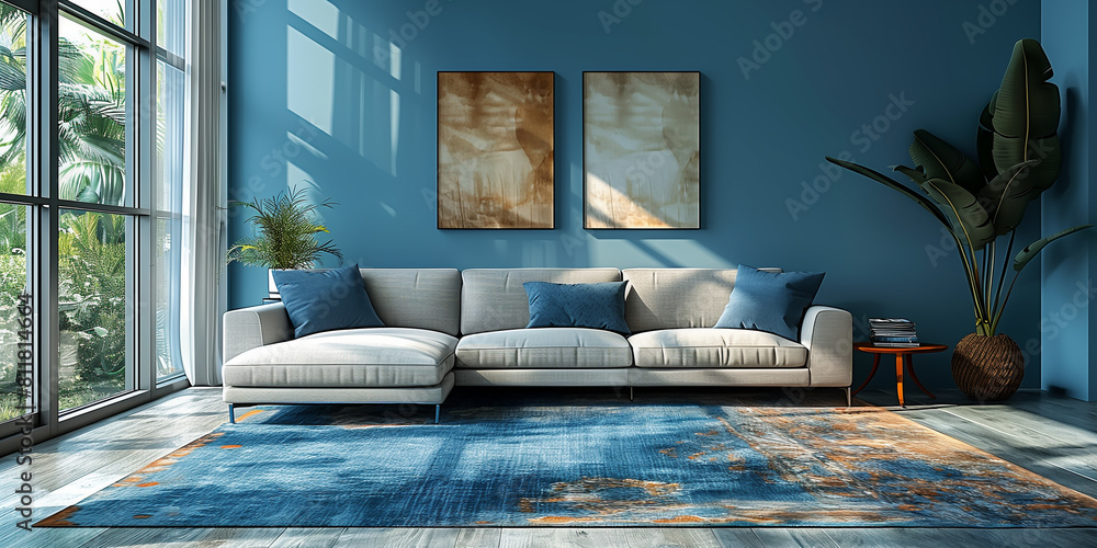 Minimalistic interior in blue. Mockup of paintings above the sofa.