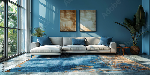 Obraz na płótnie Minimalistic interior in blue. Mockup of paintings above the sofa. w salonie