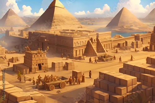 Slaves building Egypt pyramids, cartoon, ancient Jewish in biblical Egypt exhile scene	 photo
