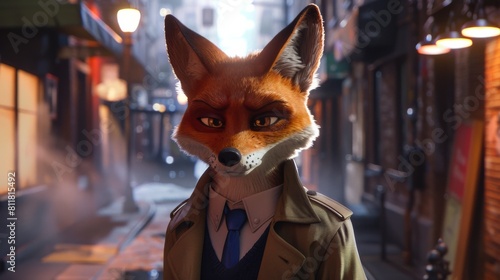 A fantastic Mr. Fox in human clothes is looking for you in the rainy street.