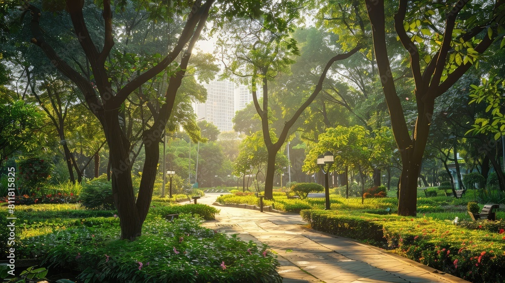 Urban Greenery: City park with lush trees and walking paths.