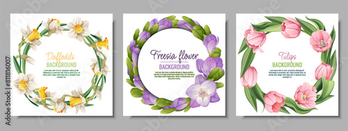Set of wreaths with spring flowers. Postcard, poster with tulips, daffodils, freesia. Vector illustration of delicate flowers in cartoon style for card, invitation, background, etc.