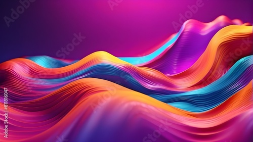 A 3D render of an abstract, flowing, iridescent, holographic neon curved wave in motion on a colorful backdrop. An aspect of gradient design for banners and backdrops. wavy wall coverings in pink, pur photo