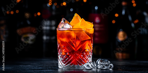 Konstfotografi Coffee negroni red cocktail drink with dry gin, vermouth and bitter, espresso, liqueur, orange and ice