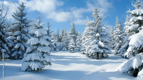 Winter Wonderland: Snow-covered pine trees in a tranquil forest. © buraratn