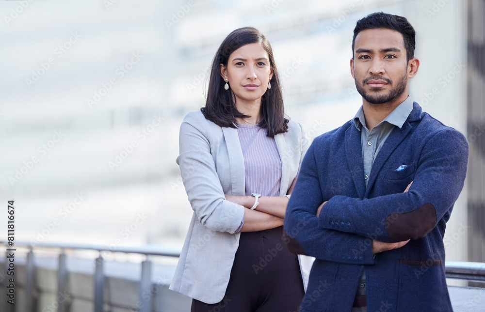 Business people, team and portrait outdoor in city for collaboration, empowerment and ready for success. Man, woman and together on balcony with arms crossed for confidence, serious and corporate. Business people, team and portrait outdoor in city for collaboration, empowerment and ready for success. Man, woman and together on balcony with arms crossed for confidence, serious and corporate.