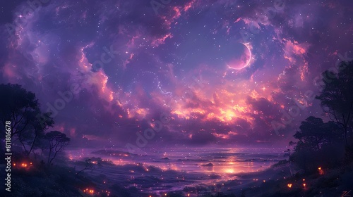 Tranquil Purple Night Sky adorned with a Crescent Moon and Glowing Hearts