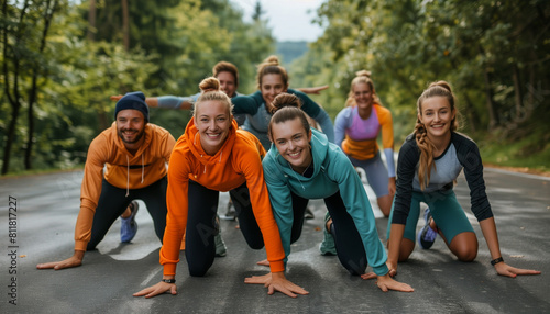 capturing a dynamic group of friends stretching together before a run, emphasizing the social and preparatory aspects of their fitness routine, Exercising, Running, Healthy Lifesty photo