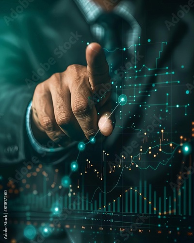Businessman hand pointing finger to growth success finance business chart of metaverse technology financial graph investment diagram on analysis stock market background with digita photo