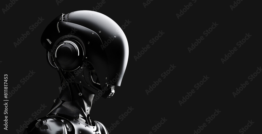 Black Cyber Robot Portrait on Dark Background with Place For Text Black Cyber Robot Portrait on Dark Background with Place For Text