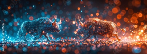concept of stock market exchange or financial technology, polygon bull and bear with futuristic element, photography. Wellness and Support photography