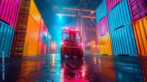 Container handler forklift loading at the docks to truck with stack of colorful containers box background and copy space