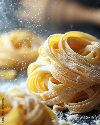 A detailed closeup of pasta being elegantly twirled  highlighting the beauty and dance of Italian cooking