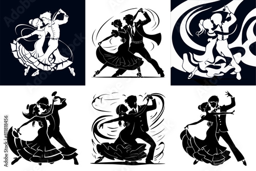 set of abstract silhouette designs of a young couple performing a flamenco. Black and white Spanish traditional dancing collection.