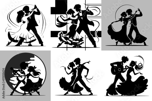 Black and white Spanish traditional dancing collection. set of abstract silhouette designs of a young couple performing a flamenco. 