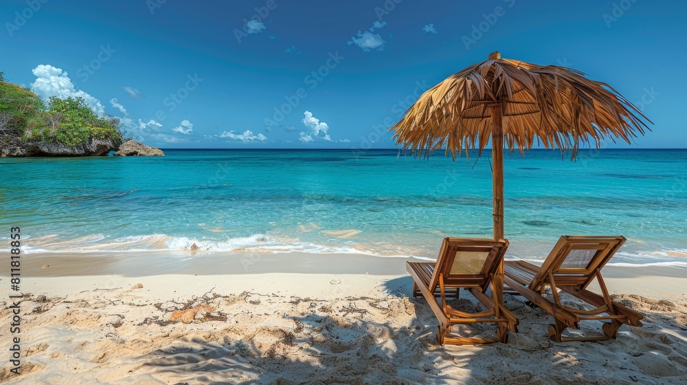 Two empty seats under palm leaf parasols stand on the beach with a beautiful blue sea in the background，Serene Beach Getaway - 4K Wallpaper Featuring Palm Leaf Umbrellas